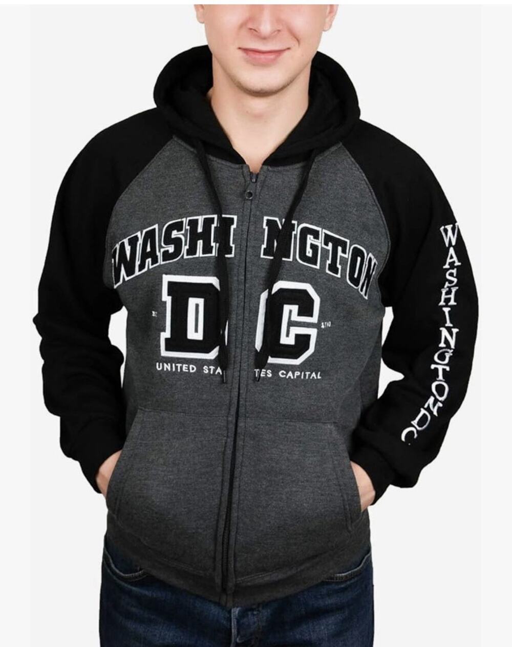 Washington DC Hoodie Mens Medium Gray Black Full Zip Fleece Graphic USA Souvenir